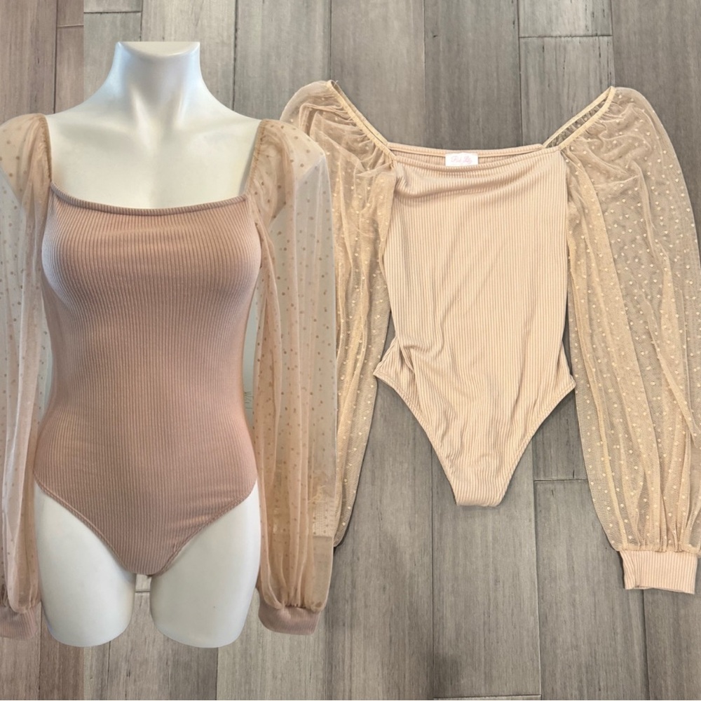 Pink Lily Beige Bodysuit with Sheer Polka Dot Sleeves | Size Small
